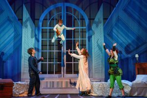 Peter (Hope Valls) teaches John (Fritz Van Winkle), Michael (Rodes Cole), and Wendy (Madison Thompson) to fly. @ BroadwayWorld Peter (Hope Valls) teaches John (Fritz Van Winkle), Michael (Rodes Cole), and Wendy ( Photo