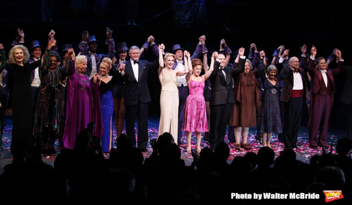 Mary Beth Peil, Terri White, Rosalind Eias. Elaine Paige, Ron Raines, Jan Maxwell, Bernadette Peters, Danny Burstein, Jayne Houdyshell, Susan Watson, Don Correia & Michael Hayes.during the Broadway Opening Night Curtain Call for 'Follies'  in New York Cit at 