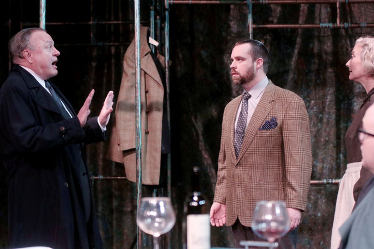 Jim Salners as Peter Stockmann, Andrew Love as Hovstad, Christianne Mays as Mrs. Stockmann, and Greg Cote as Billing at 