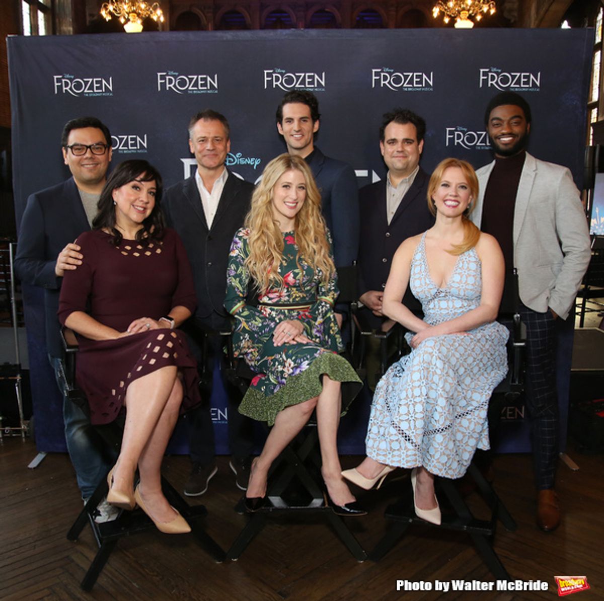 Robert Lopez, Kristen Anderson-Lopez, Michael Grandage, Caissie Levy, John Riddle, Greg Hildretn, Patti Murin and Jelani Alladin attends the press day for 'Frozen' The Broadway Musical on February 13, 2018 at the Highline Hotel in New York City. at 
