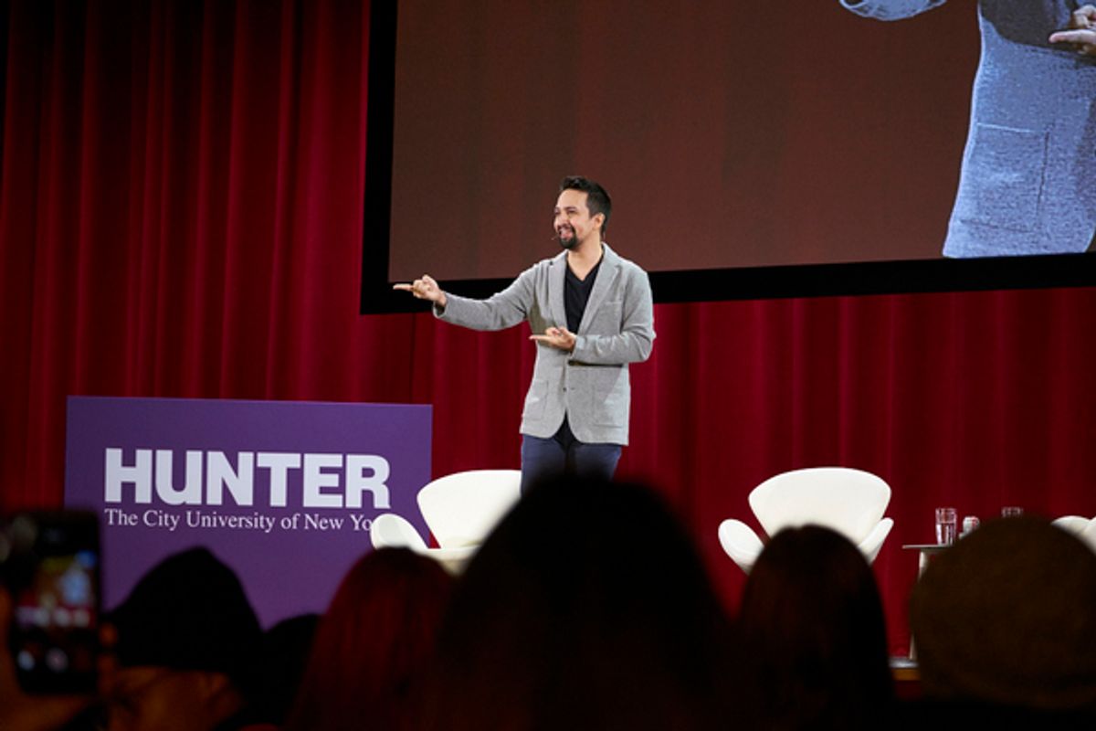  Hunter alum Lin-Manuel Miranda engages with Hunter students onstage. at 