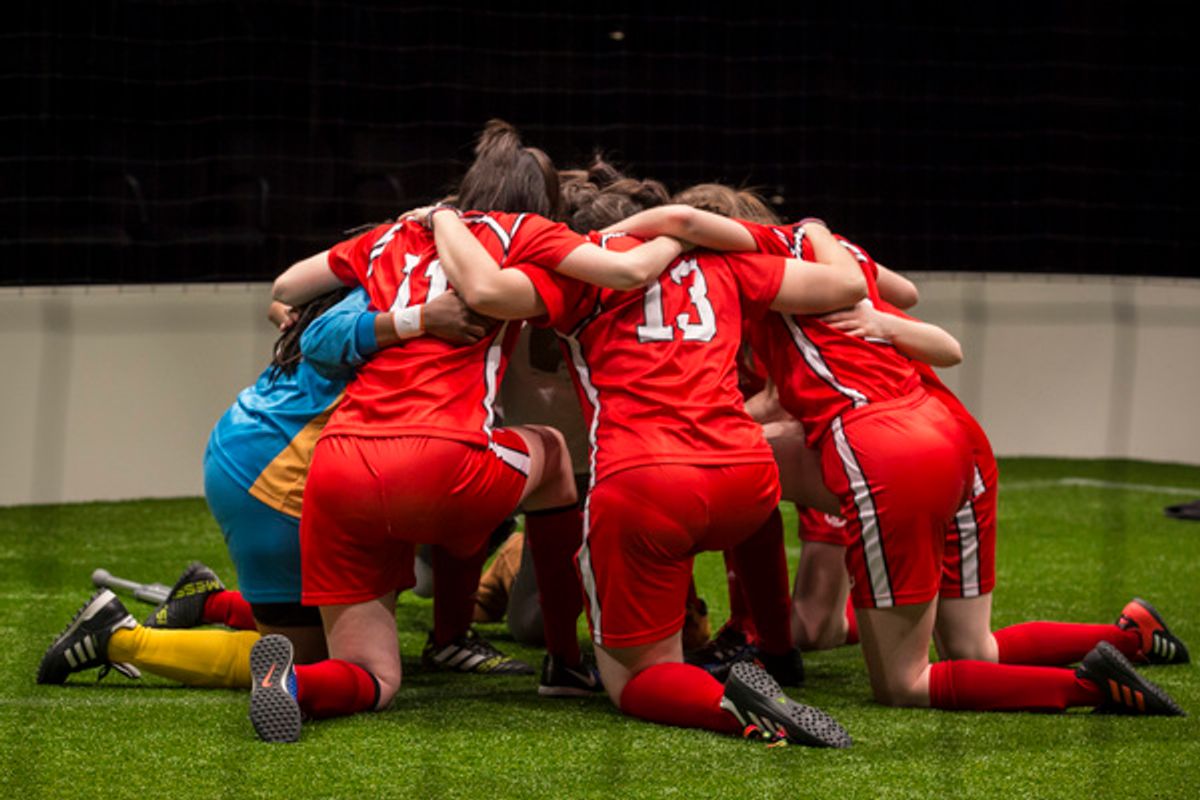 The cast of The Wolves by Sarah DeLappe, directed by Vanessa Stalling at Goodman Theatre (February 9â€“March 11, 2018). GoodmanTheatre.org/TheWolves at 