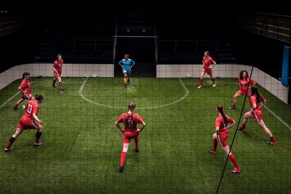 The cast of The Wolves by Sarah DeLappe, directed by Vanessa Stalling at Goodman Thea Photo