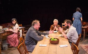 (from left) Celeste Arias as Eléna, Jay O. Sanders as Ványa, Roberta Maxwell as Márya, Jesse Pennington, and Yvonne Woods as Sónya in Uncle Vanya, translated by Richard Pevear and Larissa Volokhonsky, directed and translated by Richard Nelson, running @ BroadwayWorld (from left) Celeste Arias as Eléna, Jay O. Sanders as Ványa, Roberta Maxwell as Photo