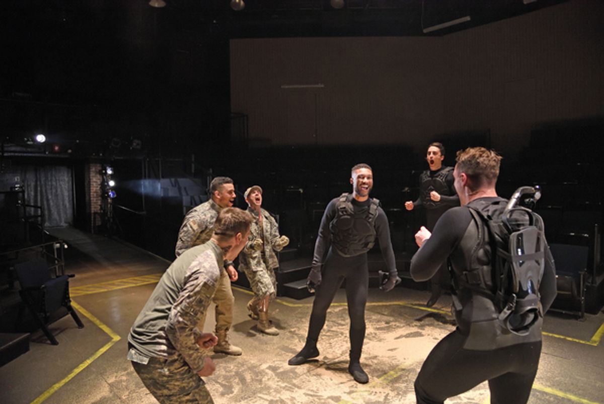 Stephen Thorne as Iago, Ryan Broussard as Montano, Daniel Duque-Estrada as Lodovico, Jude Sandy as Othello, Brendan D. Hickey as ensemble and Charlie Thurston as Cassio at 