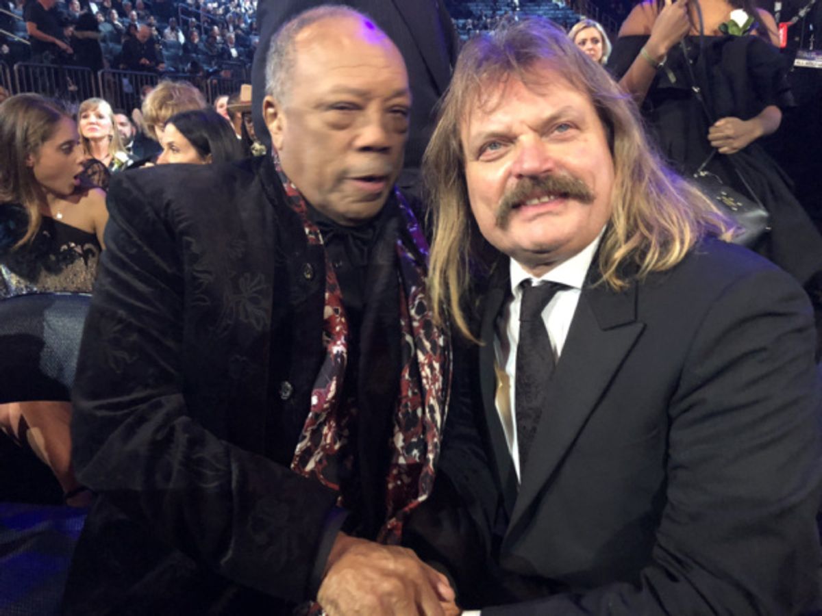 Multi-Grammy winning producer and music industry giant, Quincy Jones, raps with Hungarian-German producer/singer-songwriter Leslie Mandoki at the 2018 Grammy Awards in NYC. at 