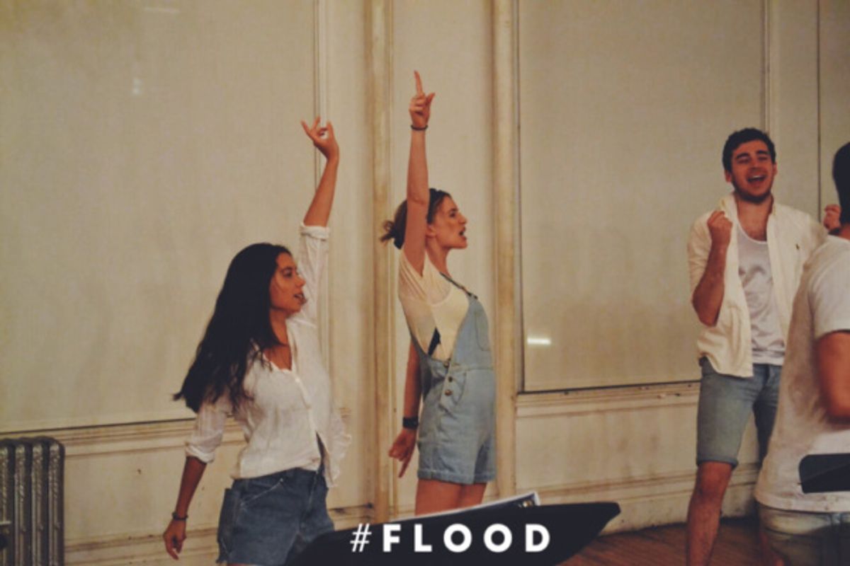 Hannah Bailey, Maddison Ridley and Nick Newling in the staged reading of the Australian play, FLOOD by Chris Isaacs at 