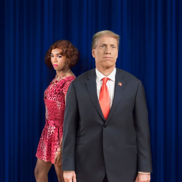 (L to R):  Charles Peoples III as Ruby and John Fisher as Donald Trump in the Theatre Photo