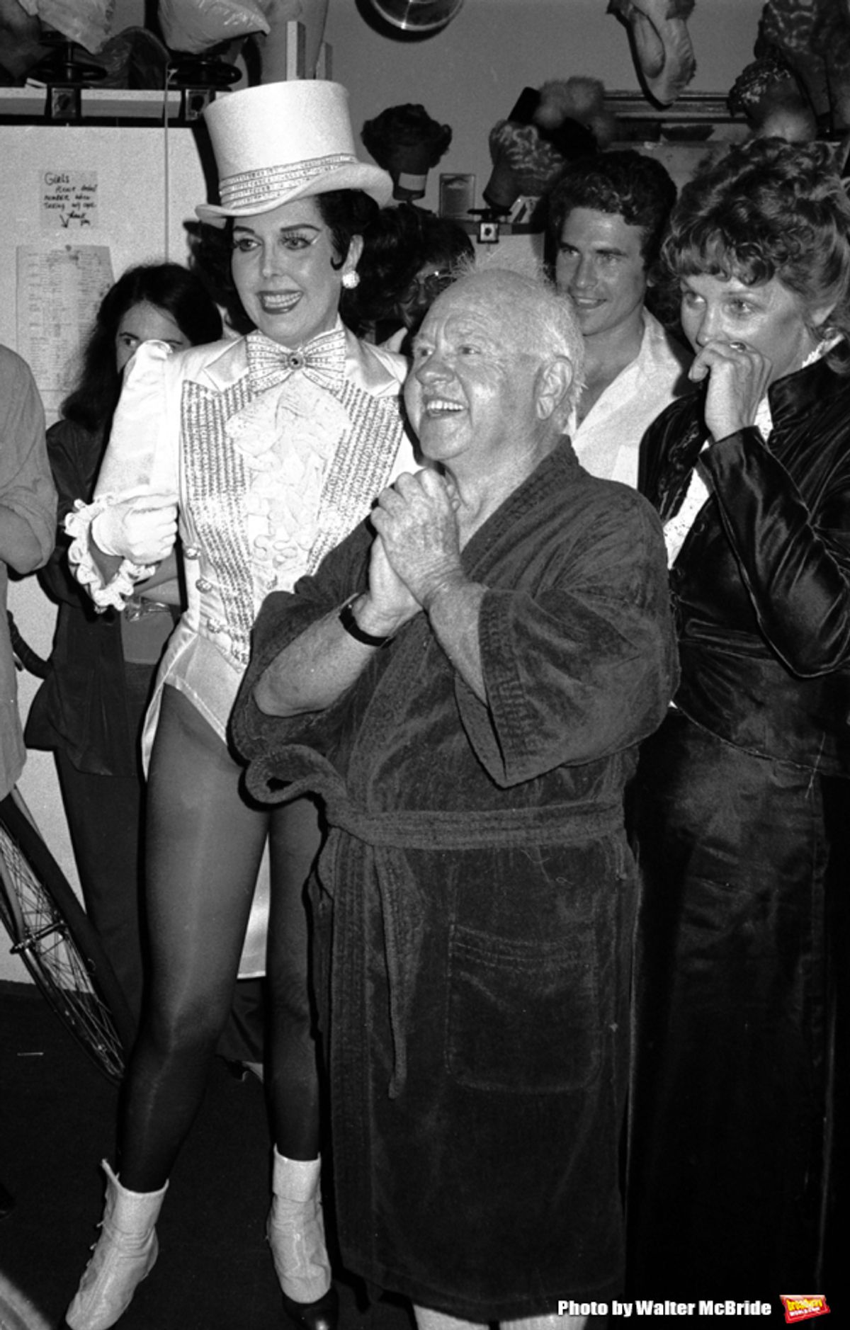 Ann Miller and Mickey Rooney with his wife Jan Chamberlain backstage after a Performance in 'Sugar Babies' at the Mark Hellinger Theatre, New York City. June 1980
 at 