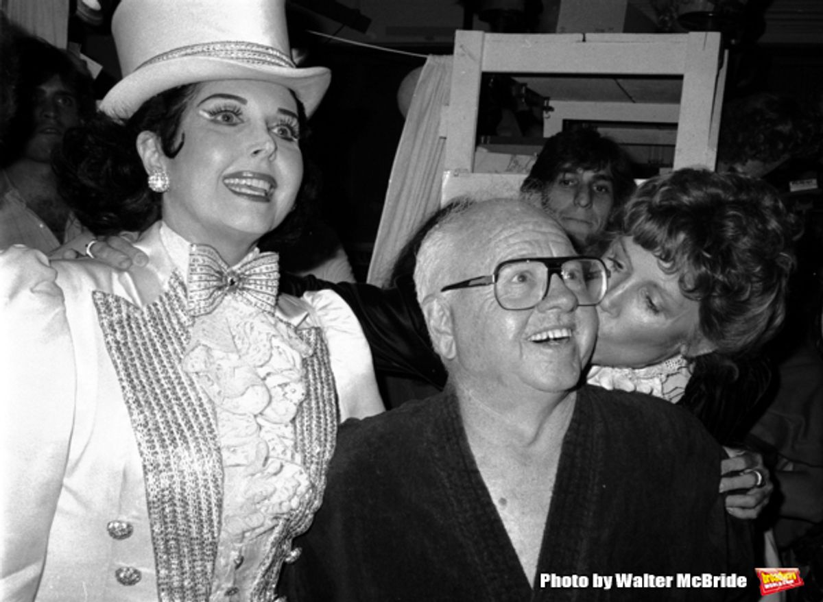 Ann Miller and Mickey Rooney with his wife Jan Chamberlain backstage after a Performance in 'Sugar Babies' at the Mark Hellinger Theatre, New York City. June 1980 at 