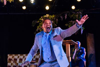 Rafealito Ross (Balladeer). (Background:) William T. Newman, Jr. (Preacher Oedipus) Photo