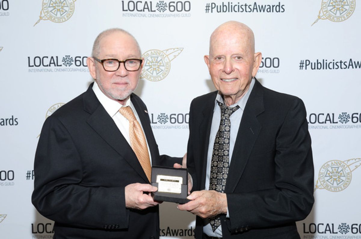 ICG President Steven Poster (L) and  Honorary Lifetime Achievement Gold Card winner Henri Bollinger at the 55th Annual ICG Publicists Awards at 