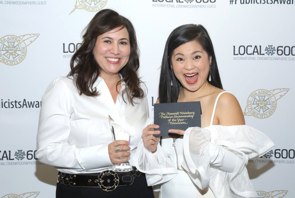 Winner of the Maxwell Weinberg Publicist Showmanship Television Award, Denise Godoy, (L) and presenter Kelly MArie Tran at the 55th Annual ICG Publicists Awards at 