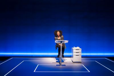 Sarah Jones stars in "Sell/Buy/Date" at the Geffen Playhouse. Photo by Chris Whitaker Photo