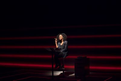 Sarah Jones stars in "Sell/Buy/Date" at the Geffen Playhouse. Photo by Chris Whitaker Photo