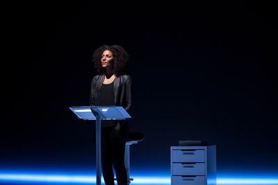 Sarah Jones stars in "Sell/Buy/Date" at the Geffen Playhouse. Photo by Chris Whitaker Photo