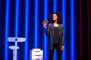 Sarah Jones stars in "Sell/Buy/Date" at the Geffen Playhouse. Photo by Chris Whitaker Photo