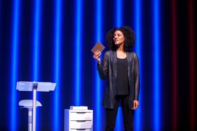 Sarah Jones stars in "Sell/Buy/Date" at the Geffen Playhouse. Photo by Chris Whitaker Photo