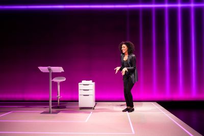 Sarah Jones stars in "Sell/Buy/Date" at the Geffen Playhouse. Photo by Chris Whitaker Photo