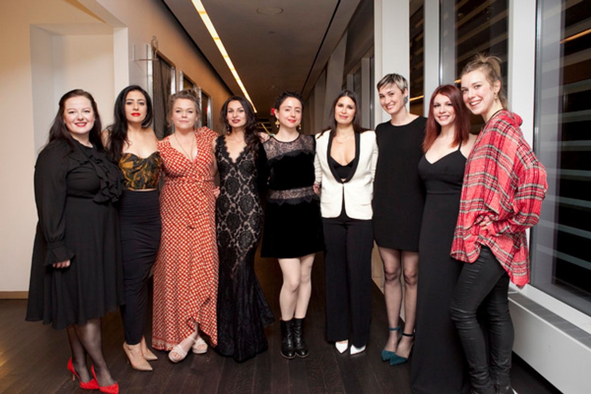 Director Danya Taymor, playwright Martyna Majok, and the cast of queens at 