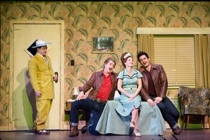 Christopher Maltman as Don Alfonso, Ben Bliss as Ferrando, Kelli O'Hara as Despina, a Photo