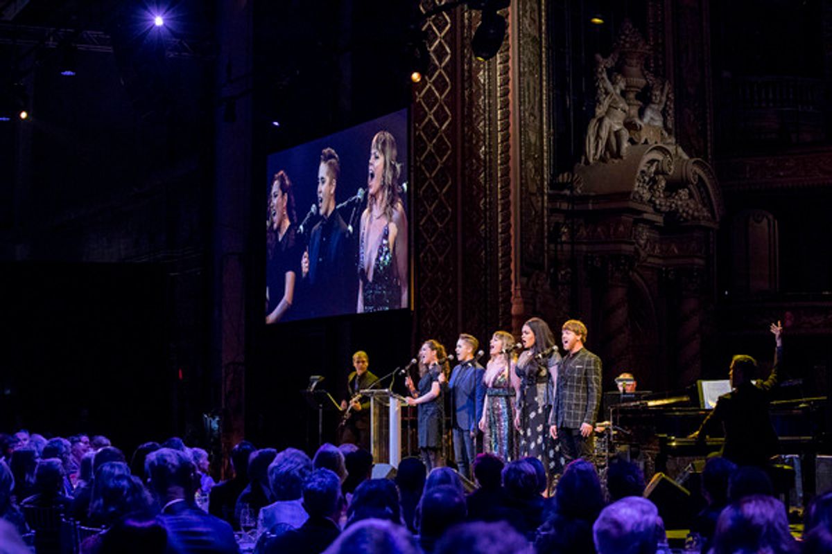 Jagged Little Pill guitarist Eric B. Davis, cast members Laurel Harris, Soph Menas, Elizabeth Stanley, Nora Schell, Logan Hart, percussionist Shannon Ford, and music director Bryan Perri perform at the 2018 A.R.T. Gala.
Photo: Gretjen Helene Photography. at 