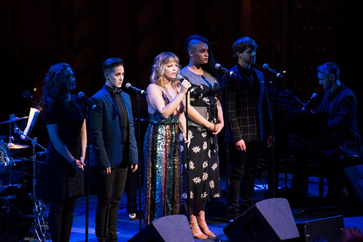 Jagged Little Pill cast members Laurel Harris, Soph Menas, Elizabeth Stanley, Nora Schell, Logan Hart, and music director Bryan Perri perform at the 2018 A.R.T. Gala.
Photo: Liza Voll. at 
