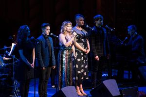 Jagged Little Pill cast members Laurel Harris, Soph Menas, Elizabeth Stanley, Nora Schell, Logan Hart, and music director Bryan Perri perform at the 2018 A.R.T. Gala.
Photo: Liza Voll. @ BroadwayWorld Jagged Little Pill cast members Laurel Harris, Soph Menas, Elizabeth Stanley, Nora Sc Photo