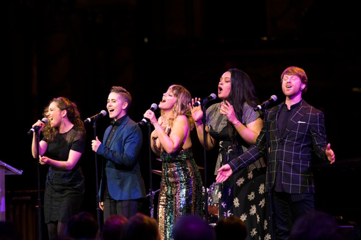 Jagged Little Pill cast members Laurel Harris, Soph Menas, Elizabeth Stanley, Nora Schell, and Logan Hart perform at the 2018 A.R.T. Gala.
Photo: Liza Voll. at 