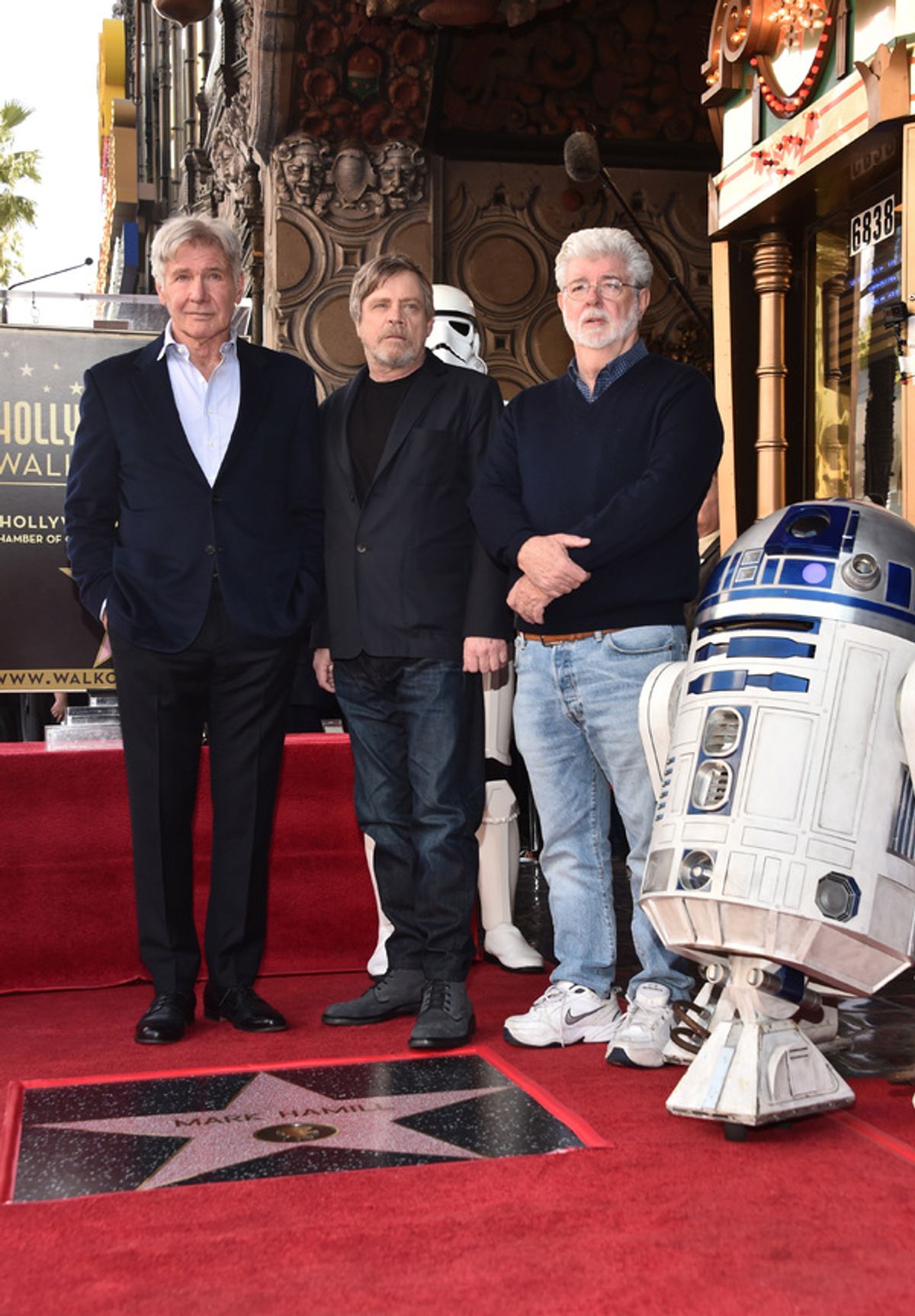 Harrison Ford, Mark Hamill, and George Lucas  at 