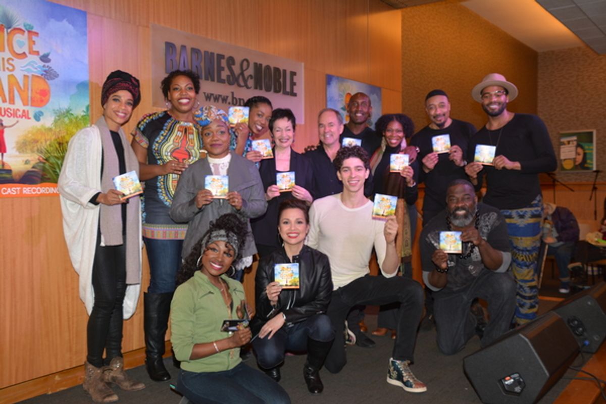 The Cast of Once on This Island that includes Tamara Gray, Aurelia Williams Kenita R. Miller, Loren Lott, Hailey Kilgore, Lynn Ahrens, Lea Salonga, Stephen Flaherty, Isaac Powell, Quentin Earl Darrington, Darlesia Cearcy, David Jennings, Grasan Kinsberry  at 