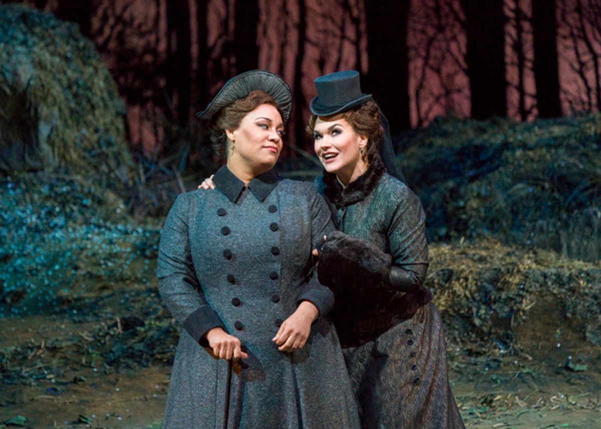 Deborah Nansteel as Alisa and Olga Peretyatko-Mariotti in the title role of Donizetti's 'Lucia di Lammermoor.' Photo: Jonathan Tichler / Met Opera

 at 