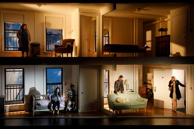  Full Cast on the two-level set, designed by Dane Laffrey Photo