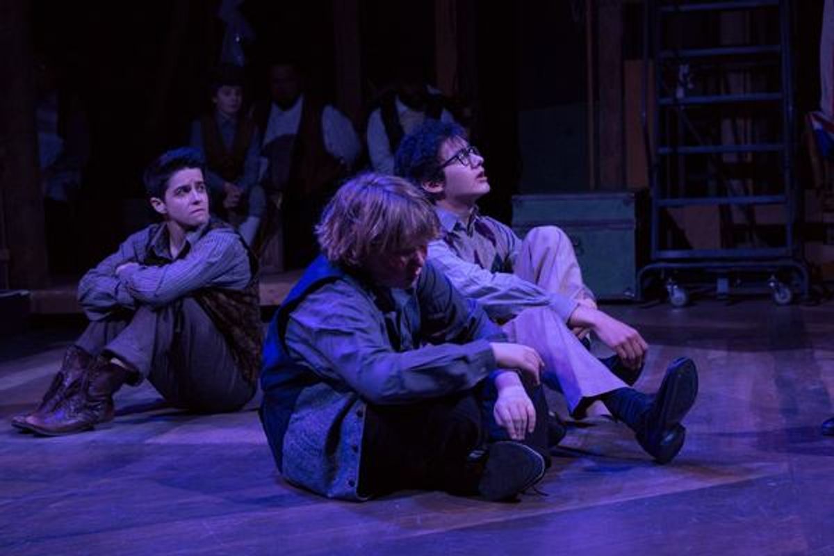 (L to R) EMILY COHEN (Boy), GUNNAR RAY (Prentiss) and PARKER DEAN (Ted) and the Ensemble at 