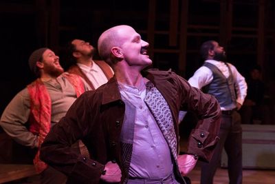 (L to R) CHAP WOLFF (Smee). KYLE SINCLAIR (Black Stache) and the Ensemble Photo