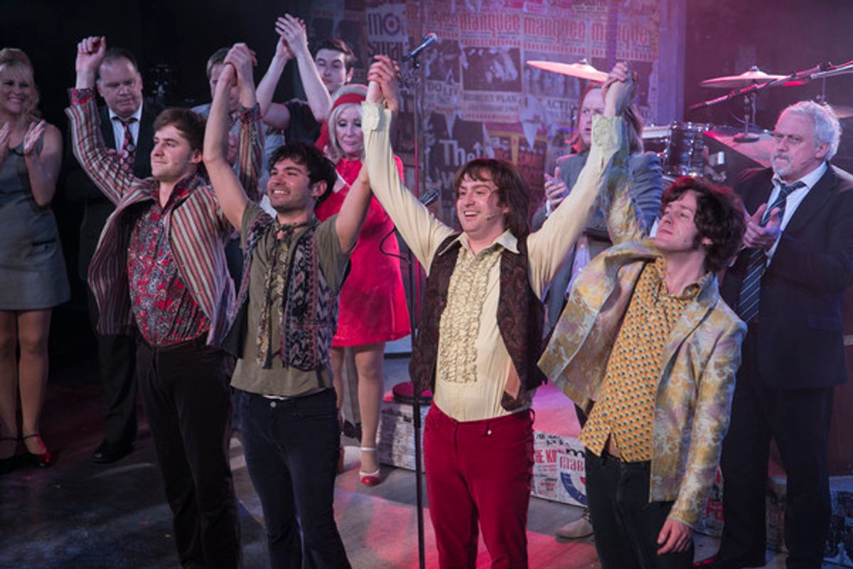 Stefan Edwards (Kenney Jones), Stanton Wright (Ronnie Lane), Samuel Pope (Young Steve Marriott), Joseph Peters (Jimmy Winston) and members of the cast during the curtain call at 