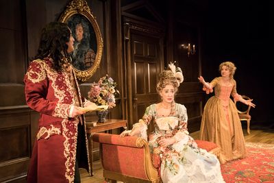 Alex Beckett (Waitwell), Haydn Gwynne (Lady Wishfort) and Sarah Hadland (Foible) Photo