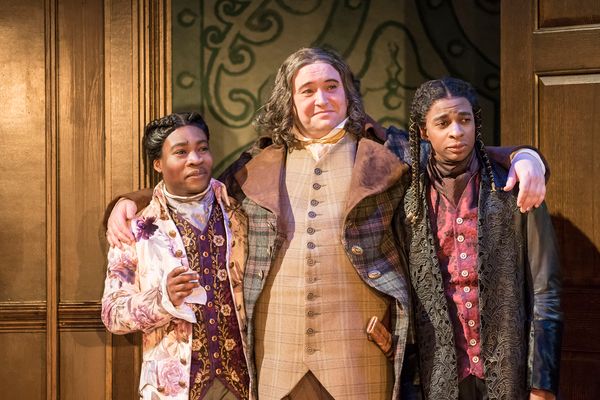 Fisayo Akinade (Witwoud), Christian Patterson (Sir Wilfull Witwould) and Simon Manyon Photo