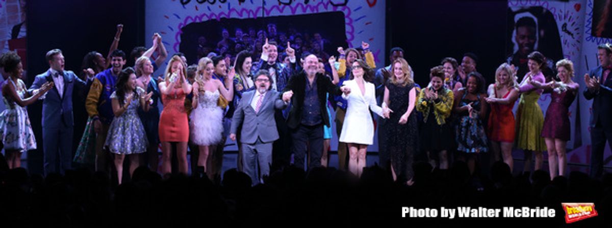 Jeff Richmond, Casey Nicholaw, Tina Fey and Neil Benjamin with cast at 