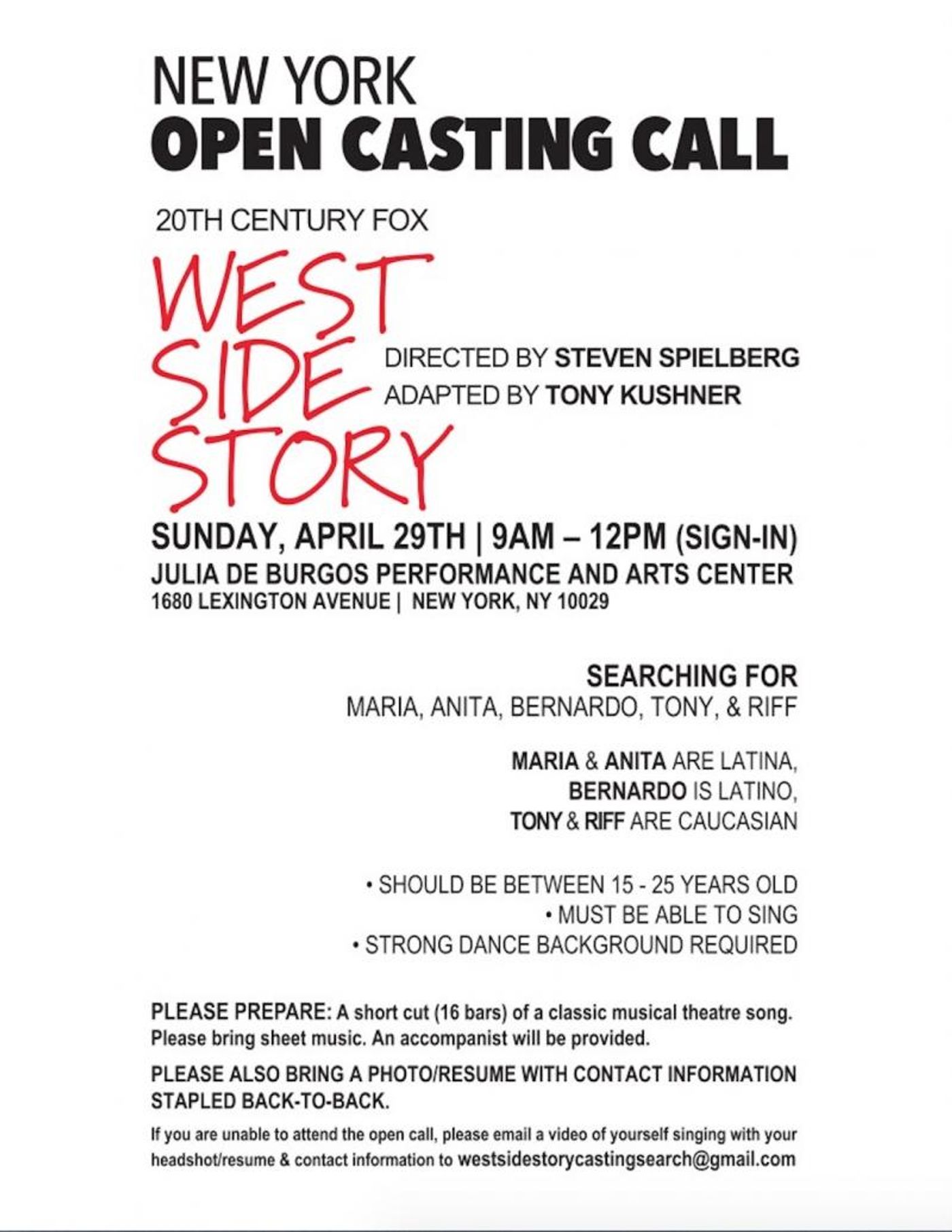 Steven Spielberg's WEST SIDE STORY Remake Will Hold Open Call This Weekend in NYC!  Image