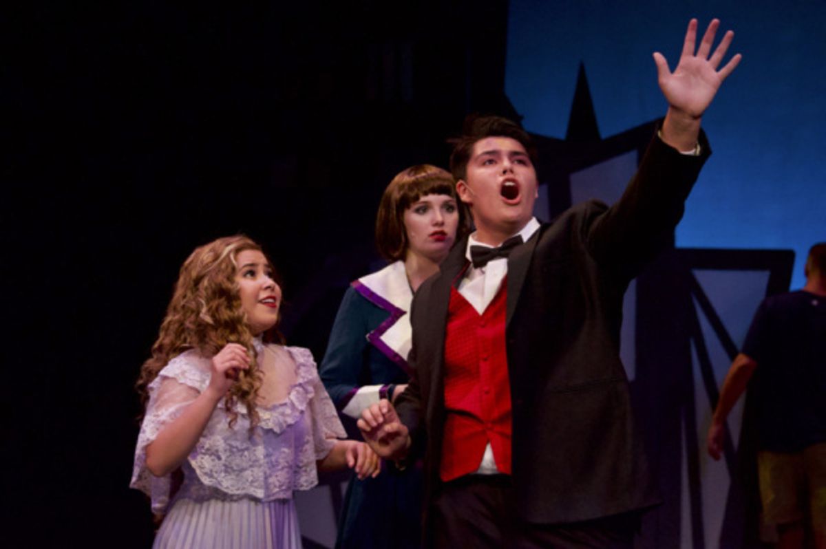Gabrielle Martinez (Miss Dorothy Brown), Hailey Gates (Millie Dilmount) and Manuel Adam Edrozo (Mr. Trevor Graydon) in Limelight Performing Arts' production of Thoroughly Modern Millie on stage at the at 