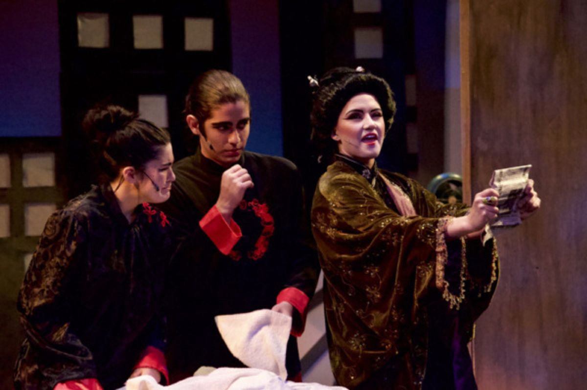 Emily Jacoby (Bun Foo), Connor Brigola (Ching Ho), and Kendall Kingdeski (Mrs. Meers) in Limelight Performing Arts' production of Thoroughly Modern Millie on stage at the Mesa Arts Center thru April 2 at 