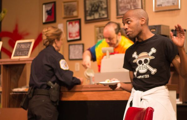 Ellie DeShon (Officer Randy Osteen, back turned), Bill Pelletier (Arthur), Evan Lovel Photo