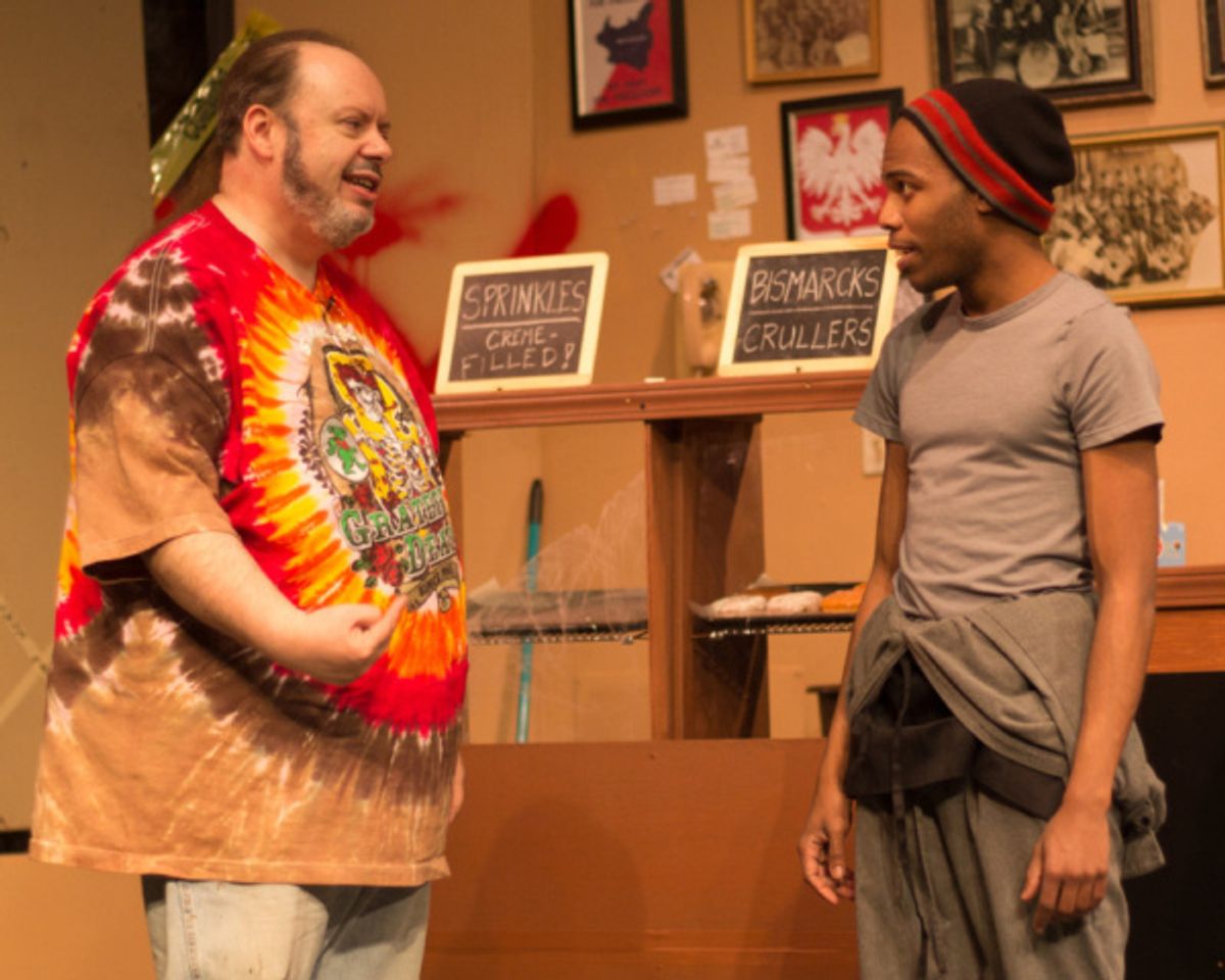 Bill Pelletier (Arthur) and Evan Lovelace (Franco) in SUPERIOR DONUTS at Olathe Civic Theatre Association. Photo by Shelly Stewart Banks. at 