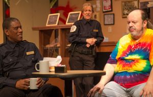 Dennis Jackson (Officer James Bailey), Ellie DeShon (Officer Randy Osteen), and Bill Pelletier (Arthur) in SUPERIOR DONUTS at Olathe Civic Theatre Association. Photo by Shelly Stewart Banks. @ BroadwayWorld Dennis Jackson (Officer James Bailey), Ellie DeShon (Officer Randy Osteen), and Bill Photo