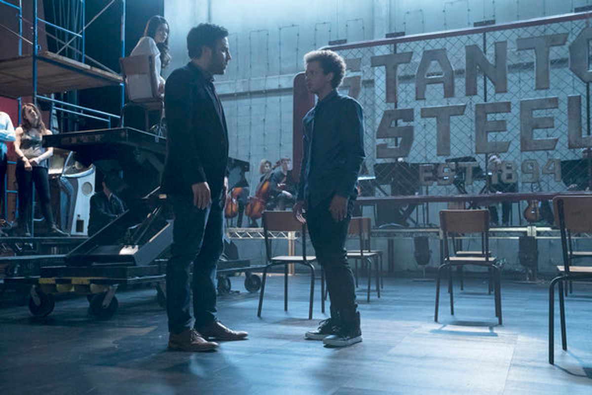 RISE -- 'This Will God Willing Get Better' Episode 107 - Pictured: (l-r) Auli'i Cravalho as Lilette Suarez, Josh Radnor as Lou Mazzuchelli, Damon J. Gillespie as Robbie Thorne -- (Photo by: Virginia Sherwood/NBC) at 