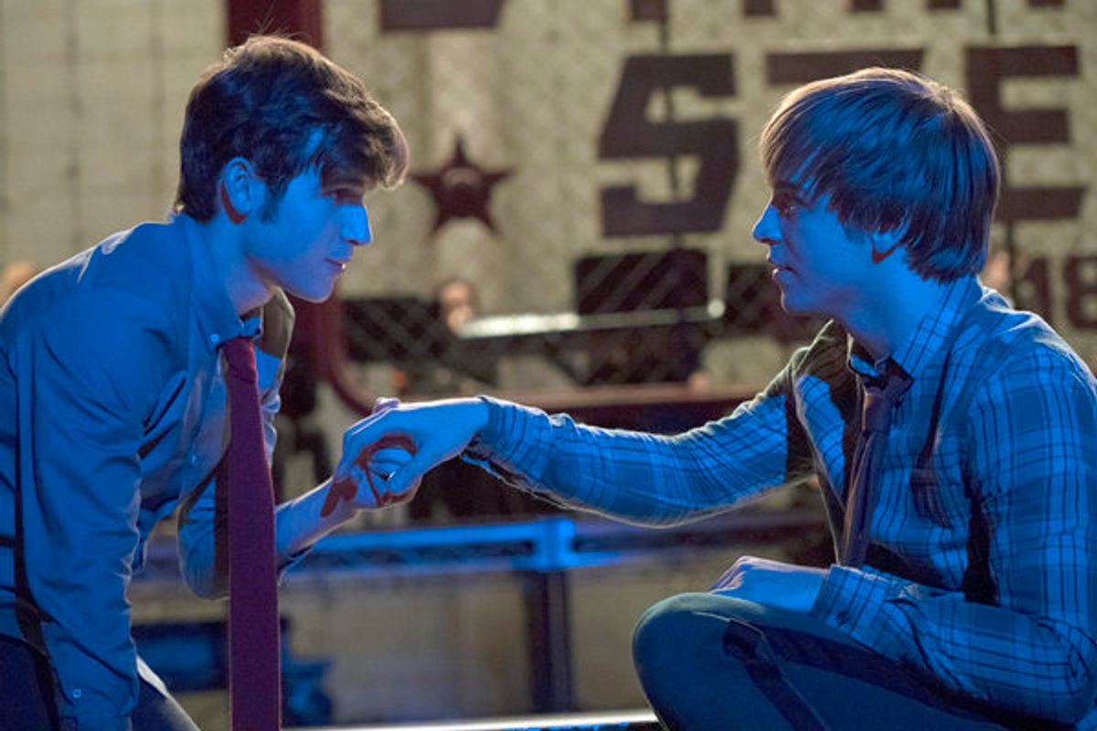 RISE -- 'This Will God Willing Get Better' Episode 107 - Pictured: (l-r) Ted Sutherland as Simon Saunders, Sean Grandillo as Jeremy -- (Photo by: Virginia Sherwood/NBC) at 