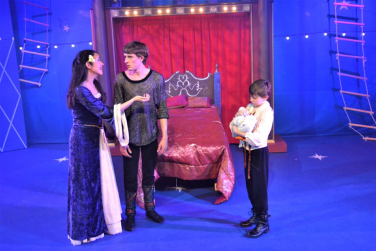 Catherine (Danielle Krause) explains the duck situation with Pippin (Greg Gwyn) regarding her son  Theo (Justin Roth) in Pippin at Rhino Theatre.  at 