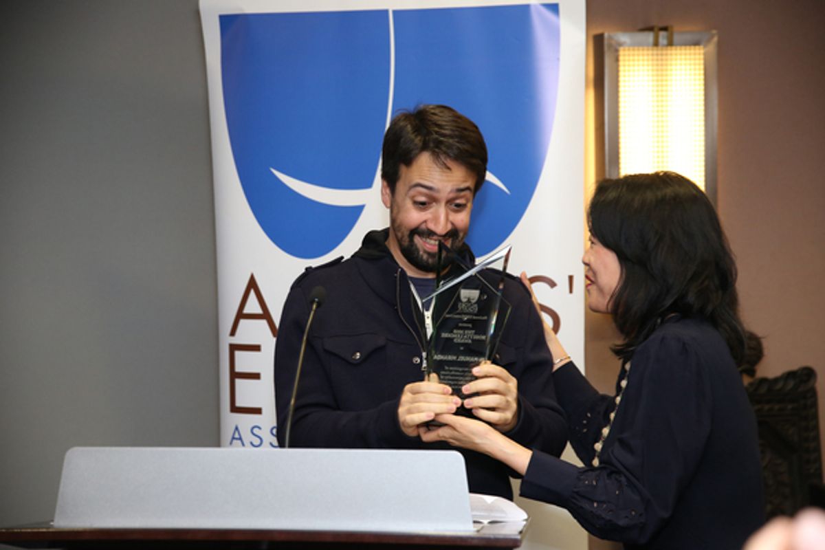 Actors Equity EEO Committee Chair Christine Toy Johnson presents the Rosetta LeNoire Award to Lin-Manuel Miranda at 
