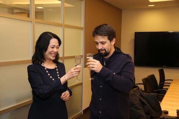 Presenter and Actors Equity EEO Committee Chair Christine Toy Johnson toasts Lin-Manu Photo
